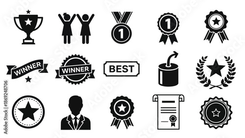 A collection of black and white icons representing awards and achievements