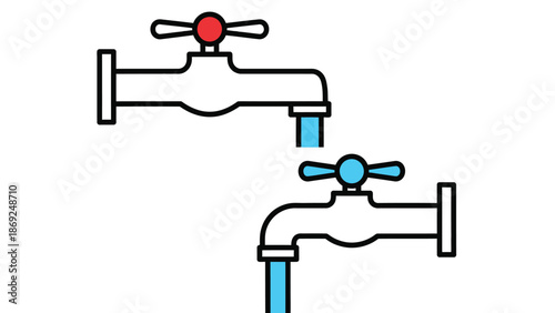 An illustration of two faucets with red and blue handles on a white background