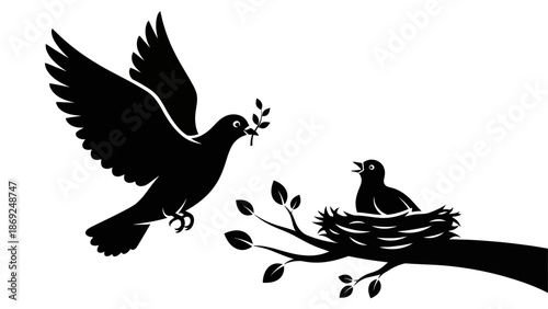 A bird flying with a twig to its nest with another bird