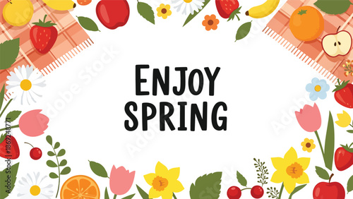 Flat vector spring picnic wallpaper featuring centered “ENJOY SPRING” text, floral elements, fruits, and decorative borders in clean solid colors for seasonal use
