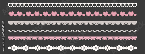 Delicate lace borders with scalloped edges and heart patterns on dark background. Valentine's Day decorative lace trim strips in pink and red tones for romantic design projects.