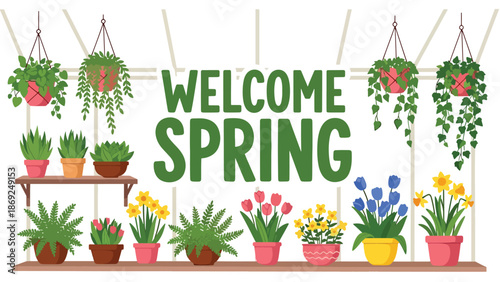 Greenhouse-themed spring vector wallpaper with centered “WELCOME SPRING” text, potted plants and hanging leaves in clean flat solid color illustration