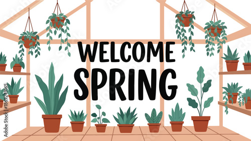 Greenhouse-themed spring vector wallpaper with centered “WELCOME SPRING” text, potted plants and hanging leaves in clean flat solid color illustration