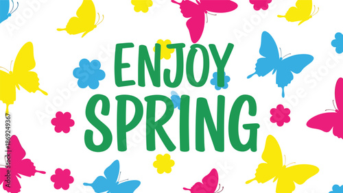 Patterned spring wallpaper featuring centered “ENJOY SPRING” text, repeating butterflies and floral elements in clean flat vector solid colors