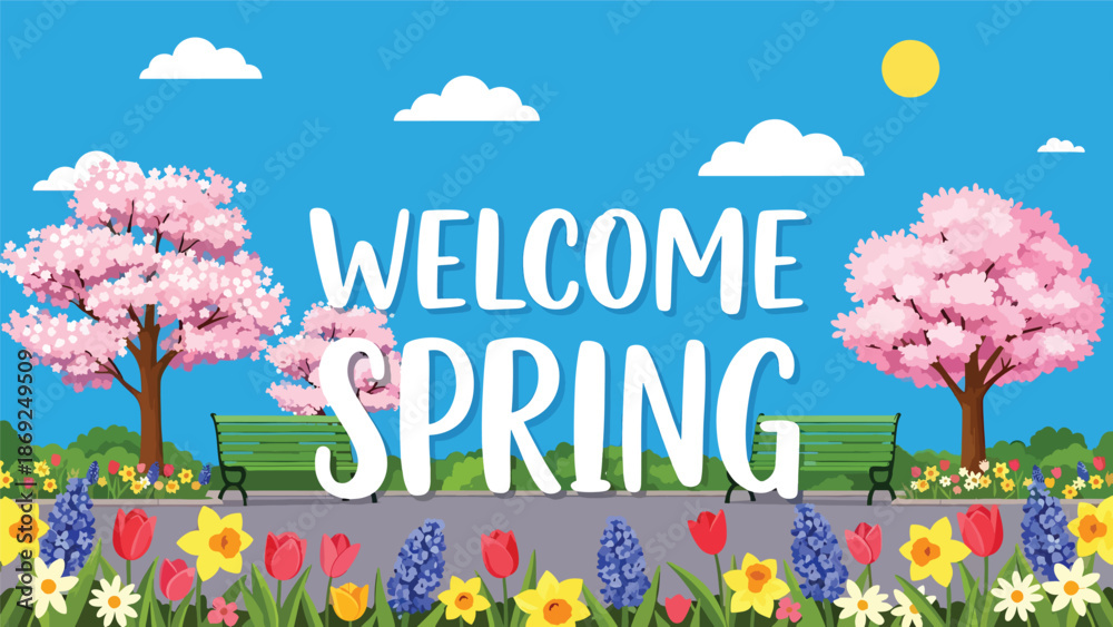 Fototapeta premium Urban park spring wallpaper with centered “WELCOME SPRING” text, blooming trees, benches, and flat vector illustration using bright solid colors