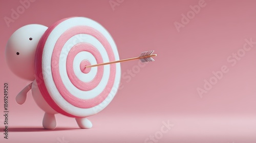 A playful figure with a target shield, featuring a pink and white design, holds an arrow, symbolizing focus or determination