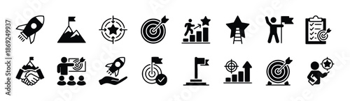 Set of target goal success achievement progress mission focus aim marketing strategy motivation and reach destination development concept