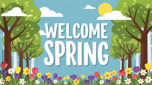 Forest-themed spring wallpaper with centered “WELCOME SPRING” text, tall trees, flowers, and peaceful flat vector illustration in solid colors