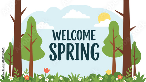 Forest-themed spring wallpaper with centered “WELCOME SPRING” text, tall trees, flowers, and peaceful flat vector illustration in solid colors