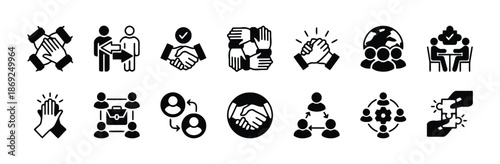 Set of Teamwork and Collaboration Icons in Black Color Isolated on White Background Exactly Two Hundred Characters Long For Microstock Agencies Around The Globe
