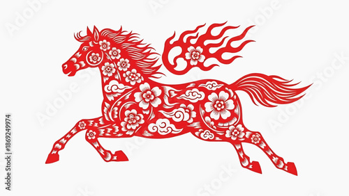 Chinese New Year Red Paper Cut Horse Illustration with Floral Patterns