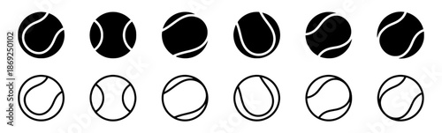 Set of Tennis Balls with Different Designs Black Filled and Outline Versions Isolated on White Sport Equipment Vector Art