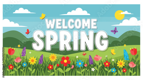Wildflower field spring wallpaper with centered “WELCOME SPRING” text, butterflies and grass in cheerful flat vector solid colors