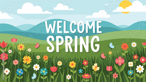 Wildflower field spring wallpaper with centered “WELCOME SPRING” text, butterflies and grass in cheerful flat vector solid colors