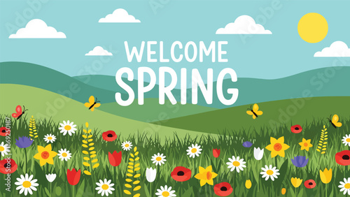 Wildflower field spring wallpaper with centered “WELCOME SPRING” text, butterflies and grass in cheerful flat vector solid colors