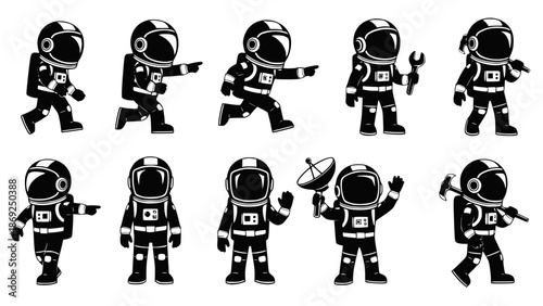 Moon explorers. Set of cartoon astronauts in a space suit. Monochrome vector illustration. Transparent background SVG version.