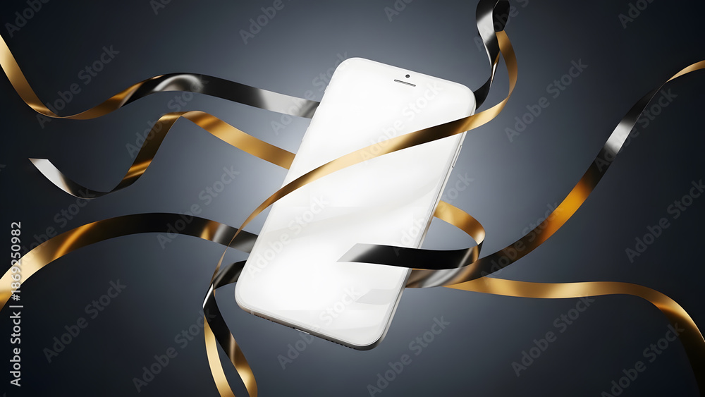 custom made wallpaper toronto digitalWhite Smartphone with Blank Screen, Gold and Black Ribbons on Dark Background