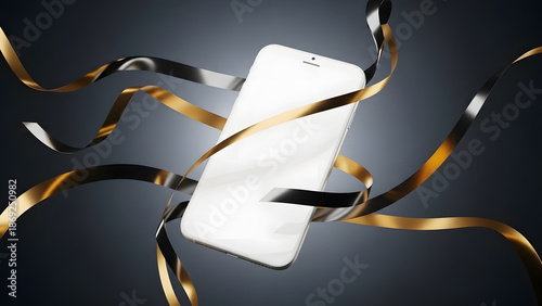 Wallpaper Mural White Smartphone with Blank Screen, Gold and Black Ribbons on Dark Background Torontodigital.ca