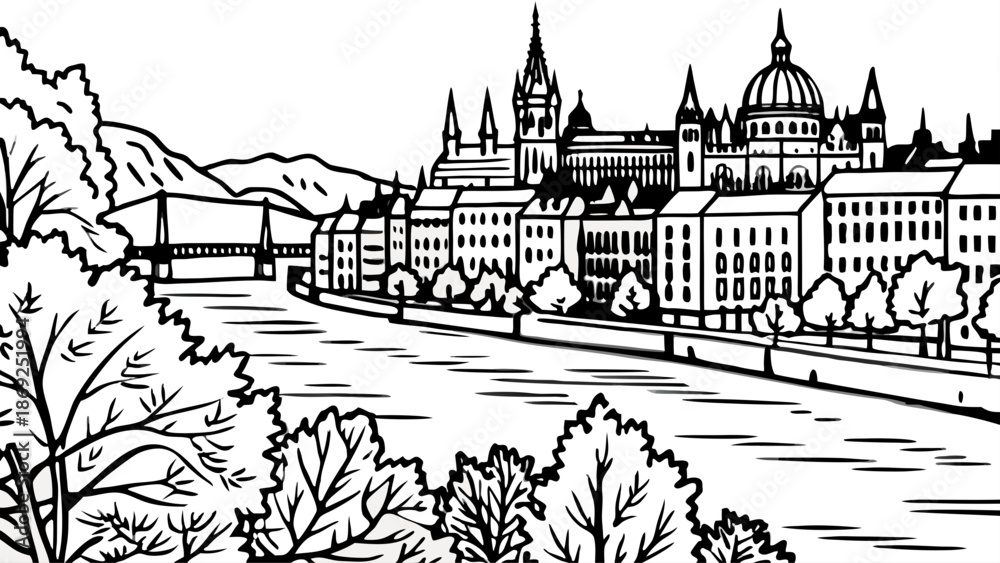 Obraz premium Very beautiful autumn view along the riverbank of Budapest, Hungary, where colorful foliage frames historic buildings and the Danube flows peacefully through the heart of the city.