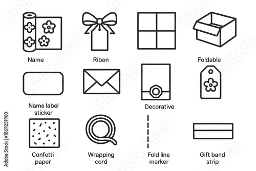 Label band tag wrapping name envelope gift icons line sheet vector icon