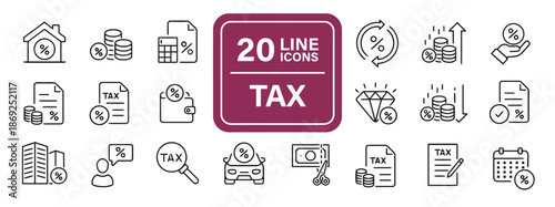 Set of Thin Line Icons of Tax Payments Financial Management Government Isolated on White Background Vector Illustration