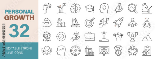 Set of Thirty Two Personal Growth Icons Featuring Self Improvement Concepts of Motivation Achievement and Success in Line Style for Personal and Career Development