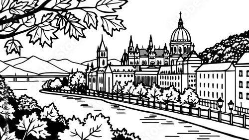 Very beautiful autumn view along the riverbank of Budapest, Hungary, where colorful foliage frames historic buildings and the Danube flows peacefully through the heart of the city.