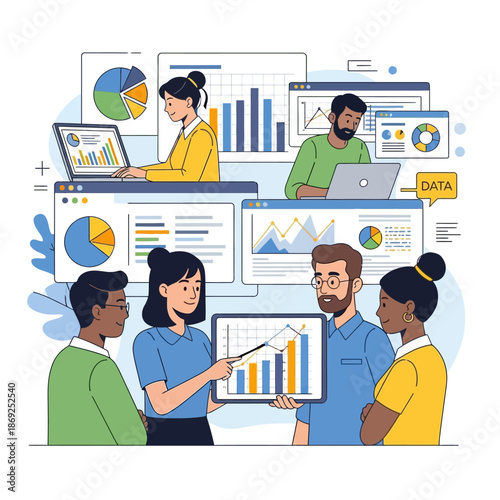 Diverse team collaborating on financial data analysis and presentation.