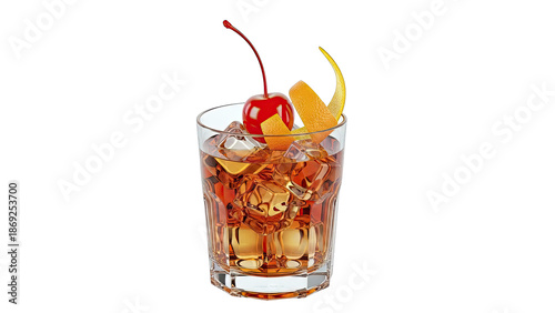 Old Fashioned Cocktail with Cherry and Orange Garnish