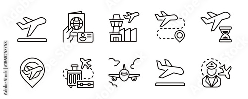 Set of travel icons representing departure, passport control, airport tower, flight route, delayed flight, destination point, baggage, flying plane and pilot