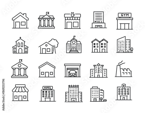 Set of urban architecture thin line icons such as house, building, shop, city, hotel, office, market, store exactly 200 characters