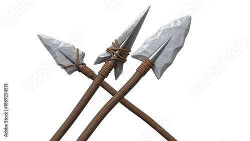 Three Stone Age Spears with Rustic Wooden Handles and Twine Bindings