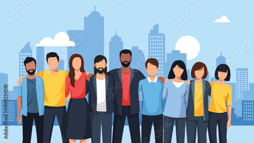 Large diverse group of friends stands together with arms around each other against a blue city skyline representing unity and community.