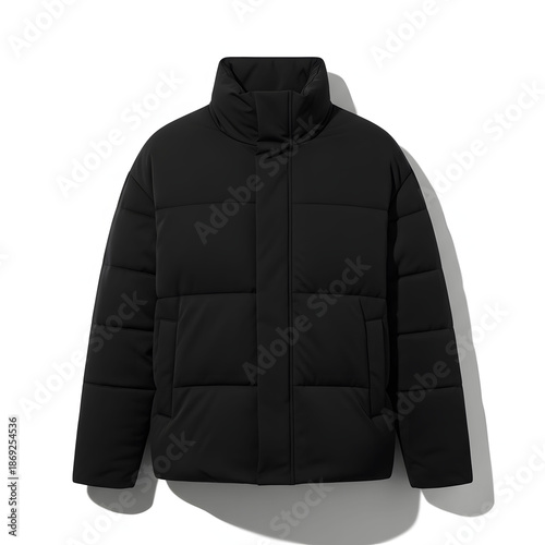 Modern black quilted puffer jacket with high collar and horizontal baffles on white background, minimalist winter outerwear fashion product photography