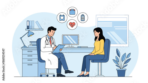 Caring male doctor consults with a female patient in a medical office while reviewing charts and health data icons for a treatment plan.