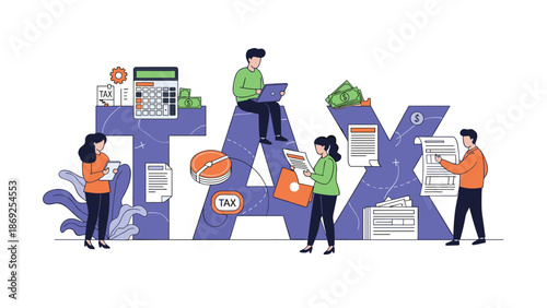 Team of professionals works on tax preparation and financial management tasks around large letters forming the word tax on a white background.