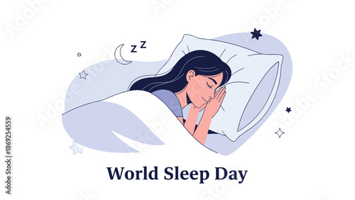 Woman sleeps peacefully in a soft white bed under the stars and moon for World Sleep Day to promote healthy sleep habits and wellness.