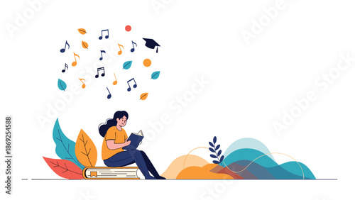 Young woman sits on a giant book while reading and surrounded by floating musical notes and a graduation cap representing education and art.