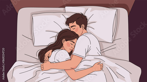 Top-down view of a young couple sleeping peacefully in each other's arms in a comfortable bed with soft white pillows and a duvet.