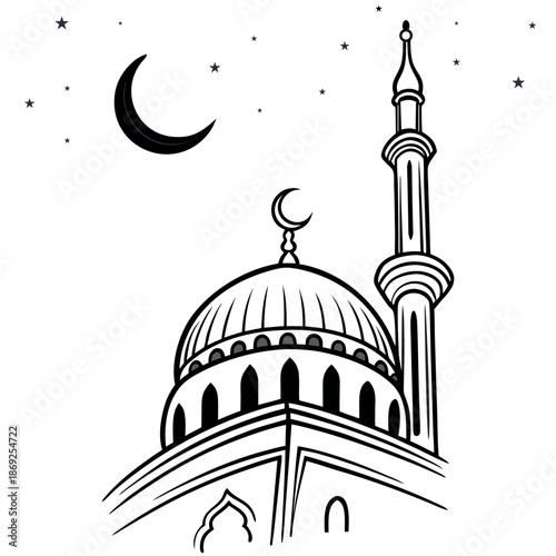 Minimalist Islamic mosque silhouette vector with crescent and stars on white background