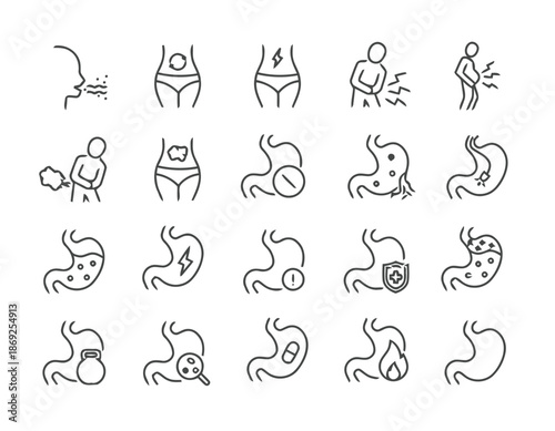 Set of Vector Icons Related to Gastroenterology and Digestive System in Outline Style Exactly 200 Characters Including Spaces