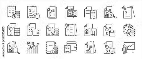 Set of Vector Icons Representing Accounting and Finance Themes with Bills Coins and Charts Isolated on White Background Exactly Two Hundred Characters