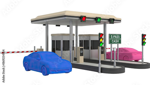 Toll Booth with Cars, Traffic Lights, and Barrier
