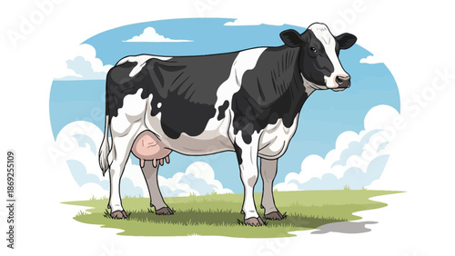 A black and white Holstein dairy cow standing in a green pasture under a blue sky with clouds.
