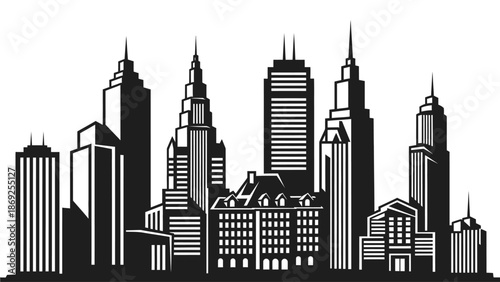 Black and white silhouette illustration of a modern city skyline with tall skyscrapers and urban architecture.