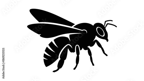 Black silhouette of a bee with wings extended, depicted in profile against a white background.
