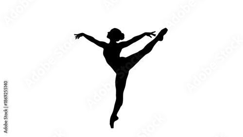 A graceful silhouette of a female ballet dancer performing an elegant arabesque pose on pointe against a stark white background.
