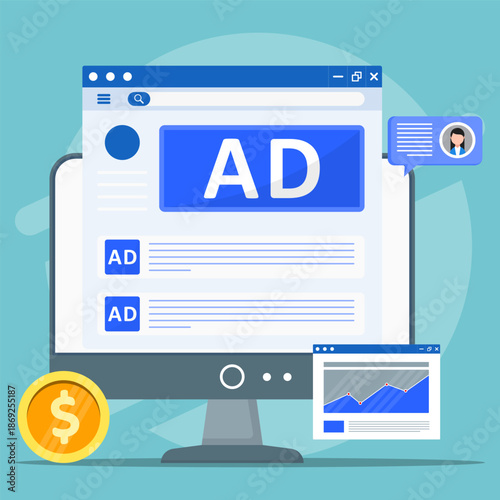 Online advertising and digital marketing strategy concept with display ads on computer screen, analytics dashboard, revenue growth, and targeted promotion for business marketing campaigns