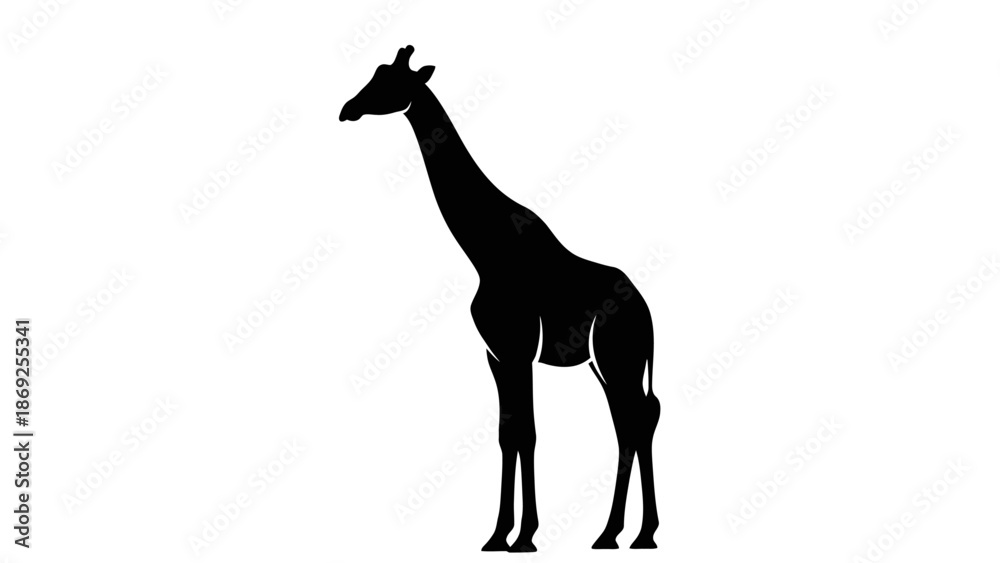 Fototapeta premium Black silhouette of a tall giraffe standing gracefully on a plain white background.