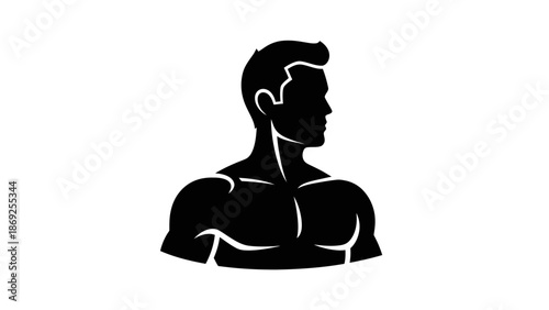Black silhouette of a muscular man's torso and head, looking to the right, representing strength and masculinity.